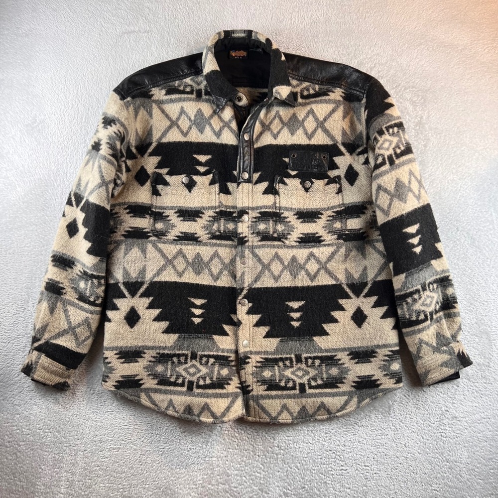VTG Easyriders Wool Aztec Biker Jacket Leather Trim Black Grey Mens XL USA Made